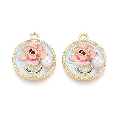 Light Gold Стойки обшивки сплава эмали подвески, плоские круглые и цветок, с ABS имитации жемчуга, золотой свет, 23.5x20x5.5 мм, отверстие : 2 мм