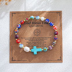 Бирюза Браслеты из круглых бусин ручной работы в технике лэмпворк, синтетические бирюзовые крестики для женщин, с искусственным жемчугом и бумажной карточкой, бирюзовые, внутренний диаметр: 2-3/8 дюйм (6 см)