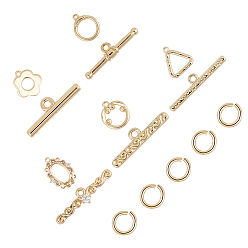 Real 18K Gold Plated Brass Micro Pave Clear Cubic Zirconia Toggle Clasps, with Jump Rings, Nickel Free, Mixed Shapes, Real 18K Gold Plated, 10sets/bag