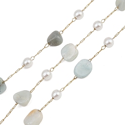 Flower Amazonite Натуральные самородки амазонита в форме цветка и 316 цепочки ручной работы из нержавеющей стали., с ABS имитации жемчуга, ионное покрытие (ip), пайки, с катушкой, реальный 18 k позолоченный, 5.5~12x5~9x3~7 мм