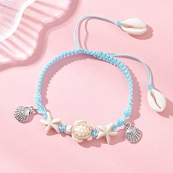 Темно-Голубой Регулируемые браслеты для женщин из синтетической бирюзы, натуральных ракушек каури и сплава с подвесками., морская звезда, морская черепаха и форма панциря, глубокое синее небо, внутренний диаметр: 2.09~3.11 дюйм (5.3~7.9 см)