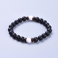 Howlite Stretch-Armbänder aus natürlichen schwarzen Achatperlen (gefärbt und erhitzt), mit natürlichen Howlithperlen und Holzperlen, matt, 2-1/8 Zoll (5.5 cm)