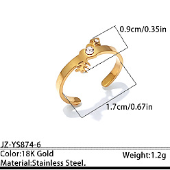 Fish Ocean 304 Stainless Steel Rhinestone Cuff Open Rings, Golden, Fishbone, 17mm