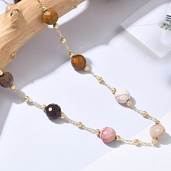 Crazy Agate Natural Crazy Agate Faceted Flat Round Beaded Chain Necklaces with Matte Brass Beads, 304 Stainless Steel Jewelry for Women, Golden, Long-Lasting Plated, 25.16 inch(63.9cm)