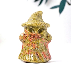 Унакит Хэллоуин натуральный унакит резной призрак со шляпой статуэтки статуи для украшения рабочего стола для домашнего офиса, 25~30x38~40 мм