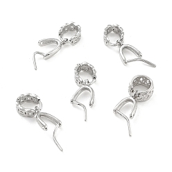 Platinum Rhodium Plated 925 Sterling Silver Ice Pick Pinch Bails, Coins Pattern Hollow out Flat Round, Platinum, 10x7x2mm, Inner Diameter: 4mm, pin: 0.7mm