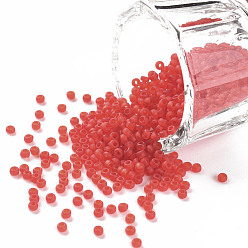 Red 12/0 Grade A Round Glass Seed Beads, Transparent Frosted Style, Red, 2x1.5mm, Hole: 0.8mm, 30000pcs/bag