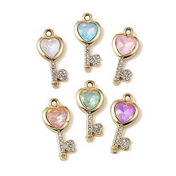 Golden Alloy Rhinestone Pendants, Key Charms, with Glass, UV Plating, Mixed Color, Golden, 26x11.5x4.7mm, Hole: 1.8mm