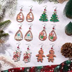 (52) Непрозрачная лаванда Рождественские деревянные серьги-подвески с принтом, с 304 крючками для сережек из нержавеющей стали и стеклянными бусинами, разнообразные, платина, разноцветные, 86.5~90x31~41.5 мм, 6 пар / набор
