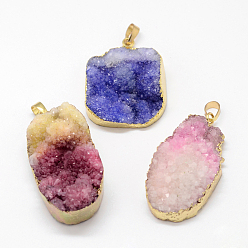 Mixed Color Electroplated Natural & Dyed Druzy Agate Pendants, with Golden Plated Brass Findings, Mixed Color, 40.5~49x25~30x15~18mm, Hole: 8x5mm