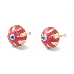 Red Enamel Half Round with Evil Eye Stud Earrings, Real 18K Gold Plated Brass Jewelry for Women, Red, 6x10x6mm, Pin: 1mm
