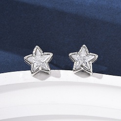 Звезда Серьги-гвоздики из латунного микро-паве, стойки покрытие, долговечный, без кадмия и без свинца, платина, звезда, 9.5x10 мм