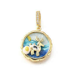 Темно-Синий Латунные подвески с микропаве из кубического циркония и эмали, плоский круг с подвесками в виде лося, с блестящей пудрой и натуральным пресноводным жемчугом, без никеля , реальный 18 k позолоченный, темно-синий, 21.5x20.5x7.5 мм, отверстие : 6.5x4.5 мм