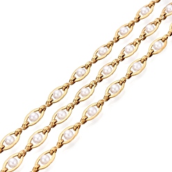 White 304 Stainless Steel Eye Shape Link Chains, with ABS Imitation Pearl, Soldered, with Spool, Real 18K Gold Plated, Ion Plating(IP), Long-Lasting Plated, White, 7x4x2.5~3mm, about 32.81 Feet(10m)/Roll, Link: 5.5x2.5x1mm
