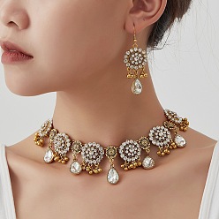 Кристалл Комплекты из ожерелий и серег-подвесок из сплава со стразами, цветок с каплей, золотые, кристалл, Ожерелье: 460 mm