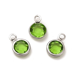 Yellow Green 304 Stainless Steel with Glass Charms, Stainless Steel Color, Faceted Flat Round, Yellow Green, 9.5x6.5x2mm, Hole: 1.5mm