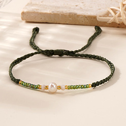 Темно-оливково-зеленый Браслеты в богемном стиле, плетеные из искусственного жемчуга и стеклянного бисера., плетеные браслеты из нейлонового шнура для женщин, темно-оливковый зеленый, 11.02 дюйм (28 см)