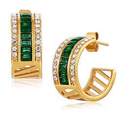 Green Cubic Zirconia C-shape Stud Earrings, Gold Plated 430 Stainless Steel Half Hoop Earrings for Women, Golden, 20x9mm, Pin: 1mm