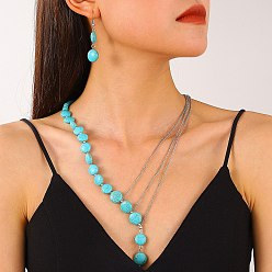 Плоский Круглый Ожерелья из сплава и синтетической бирюзы для женщин, платина, средне бирюзовый, плоско-круглые, 23.62 дюйм (60 см)