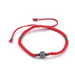 Gunmetal Adjustable Nylon Thread Braided Bead Bracelets, Red String Bracelets, with Brass Micro Pave Cubic Zirconia Beads and Brass Beads, Round, Red, Gunmetal, 2-1/8 inch~3-5/8 inch(5.4~9.2cm)