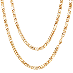 Настоящее золото 18K 2шт 7мм нержавеющая сталь кубинские звенья цепи ожерелья для женщин мужчин, реальный 18 k позолоченный, 21.65 дюйм (55 см)