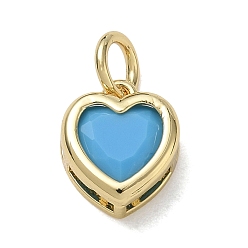 Deep Sky Blue Brass Pave Cubic Zirconia Charms, Heart Charms, Single Stone Charms, Long-Lasting Plated, Rack Plating, Lead Free & Cadmium Free, Real 18K Gold Plated, Deep Sky Blue, 12x10x5mm, Hole: 5mm