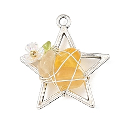 Fluorite Natural Yellow Fluorite Chip Copper Wire Wrapped Pendants, Alloy Star Charms with Flower, Antique Silver & Silver, 29.5x27x9~11mm, Hole: 2mm