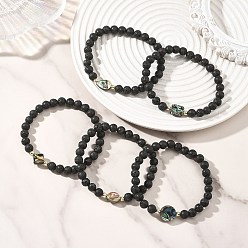Mixed Shapes Круглые браслеты из натуральной лавовой породы и геометрических бусин из раковин морского ушка для женщин., чёрные, разнообразные, внутренний диаметр: 2.09 дюйм (5.3 см)