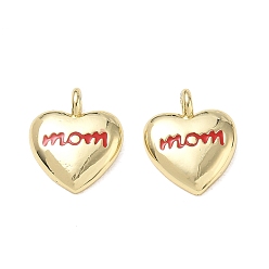 Red Mother's Day Brass Enamel Pendants, Heart with Word Mom Charms, Cadmium Free & Lead Free, Rack Plating, Long-Lasting Plated, Real 18K Gold Plated, Red, 14x12x4.5mm, Hole: 2.5mm