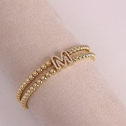 Letter M Браслеты из латуни с микропаве из прозрачных кубических циркониевых бусин, двойные нити, эластичные, для женщин, буква и круг, золотые, Буква М, 6.69 дюйм (17 см)