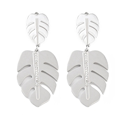 Stainless Steel Color Monstera Leaf 304 Stainless Steel Dangle Earrings, Rhinestone Stud Earrings for Women, Stainless Steel Color, 43.5x18mm
