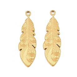 Chapado en Oro Real 18K 304 colgantes de acero inoxidable, dijes de plumas texturizadas, revestimiento de iones (ip), real 18 k chapado en oro, 30.5x9.5x1.5 mm, agujero: 1.7 mm