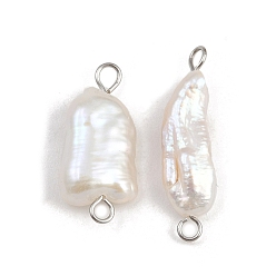 Нержавеющая Сталь Цвет Подвески-коннекторы из натурального пресноводного жемчуга Кеши, с 304 двойными петлями из нержавеющей стали, белые, цвет нержавеющей стали, 20~25x6.5~10x4~6 мм, отверстие : 1.5~2.5 мм