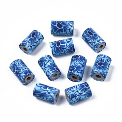 Cornflower Blue Handmade Polymer Clay Beads, Column with Jewelry Crafts Pattern, Cornflower Blue, 11x6~7.5mm, Hole: 2~3mm