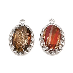 Sienna Brass Glass Pendants, Oval Charms, Faceted, with Glitter Powder, Platinum, Sienna, 20x14x5.5mm, Hole: 1.4mm