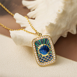 Shell Shape Подвеска-медальон из латуни с микропаве и прозрачными кубическими циркониями., с голубой эмалью, золотые, формы раковины, 17.72 дюйм (45 см)