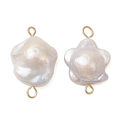 Золотой Натуральные барочные жемчужины кеши, сливовые звенья в форме цветка, соединительные подвески., с 304 петлями из нержавеющей стали, цветочный белый, золотые, 23~25x15~16x7~8 мм, отверстие : 1.8~2 мм