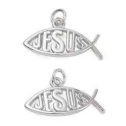 Platinum Rack Plating Brass Pendants, Jesus Fish Charms, Cadmium Free & Lead Free, Platinum, 12x21x2.8mm, Hole: 3.5mm