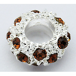 Топаз Европейские бусины, сплав, стразы , бусины с большим отверстием, рондель, серебряный цвет гальваническим, цвет охры, 11x6 мм, отверстие : 5 мм