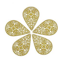 (932FM) Темно-синий аква-матовый с подкладкой 430 из нержавеющей стали филигранные подвески, окрашеные, гравированные металлические украшения, слезинка с цветком, темно-золотистые, 40x26.5x0.5 мм, отверстие : 1 мм