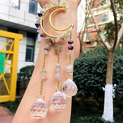 Флюорит Металлические подвески со стеклянными украшениями, с флюоритовым чипом, луна и слеза, 210~230 мм