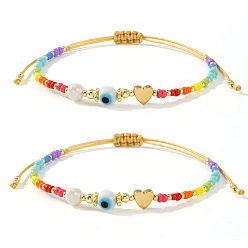 (52) Непрозрачная лаванда 2шт. браслеты из пластиковых бусин ручной работы для женщин, сердце и сглаз, с латунью и лампворком, разноцветные, внутренний диаметр: 11 дюйм (28 см)