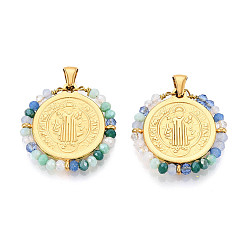 Темный Морско-зеленый 304 подвески из нержавеющей стали, плоские круглые с святым Бенедиктом, со стеклянными бусинами, ионное покрытие (ip), реальный 18 k позолоченный, граненые, темно-зеленый, 26.5x26.5x3 мм, отверстие : 5x3.5 мм
