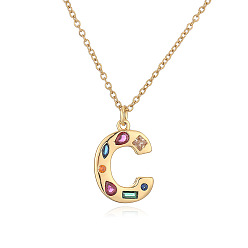 Letter C Ожерелья с подвесками-инициалами из латуни и разноцветными кубическими цирконами для женщин, реальный 18 k позолоченный, буква С, 17.72 дюйм (45 см), Кулон : 23x15 мм