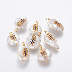 Темно-Синий Подвески из натурального пресноводного жемчуга, с латунными микро проложить кубических выводы циркония, самородки с рыбьей костью, золотые, темно-синий, 20~24x13~15x5~8 мм, отверстие : 1.8 мм