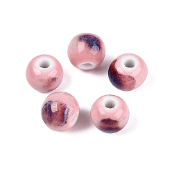 Pink Cuentas de porcelana vintage hechas a mano, fantasía antigua porcelana esmaltada, rondo, rosa, 9.5~11x8.5~9.5 mm, agujero: 2~3 mm