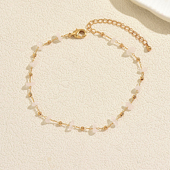 Misty Rose Beach Natural Rose Quartz Chip Beads Brass Anklets for Women, Golden, Misty Rose, 10-7/8 inch(275mm)