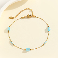 Голубой 304 Браслеты на лодыжку из нержавеющей стали с бусинами из стеклянных колонн, золотые, голубой, 7-7/8 дюйм (200 мм)