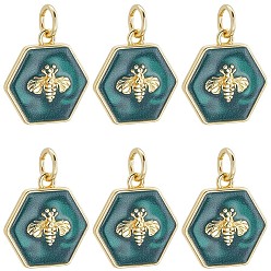 Настоящее золото 18K 6подвески из латуни с эмалью, с целью перехода в кольце, без кадмия и без свинца, долговечный, стойки покрытие, подвески шестиугольник с пчелиным узором, реальный 18 k позолоченный, 14.5x14x2.5 мм, отверстие : 3 мм