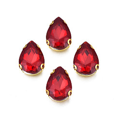 Crimson Sew on Rhinestone, Transparent Glass Rhinestones, with Iron Prong Settings, Faceted, Teardrop, Crimson, 14x10x5mm, Hole: 0.9mm